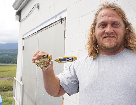 Man holding oyster with gauging instrument attached